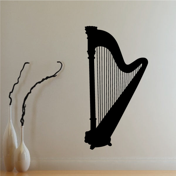 Harp wall decal, black silhouette with vertical strings