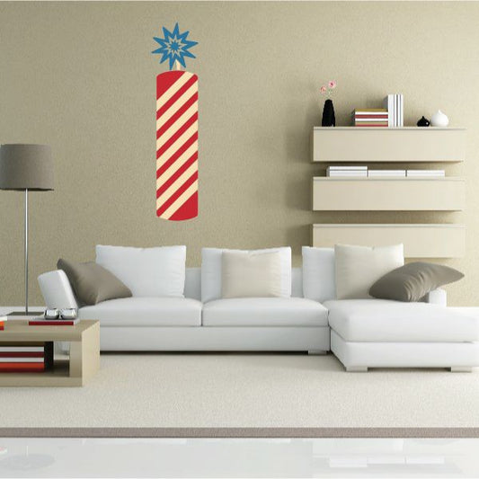 Striped firecracker die-cut decal with red and white diagonal stripes and blue top