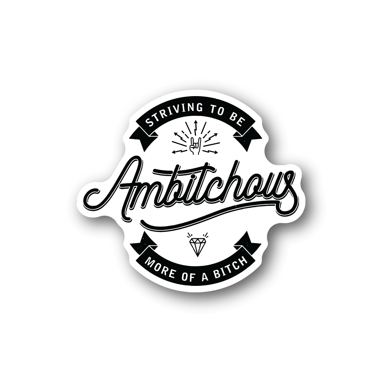 Vinyl sticker, white and black lettering with diamond and banner graphic