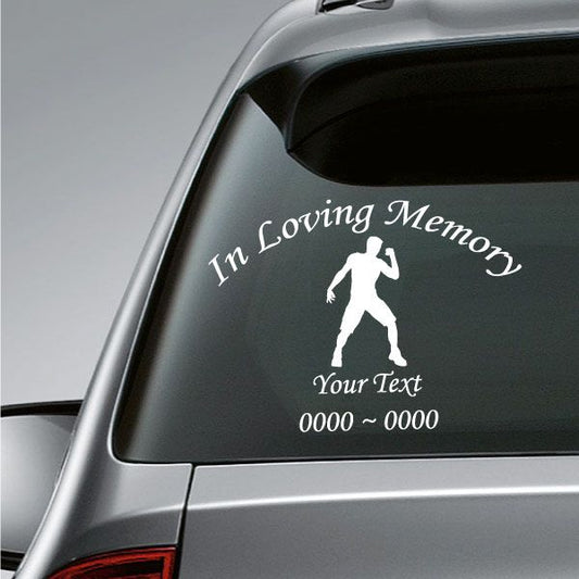 Car decal: In Loving Memory script with man silhouette, Your Text, and 0000–0000 placeholders