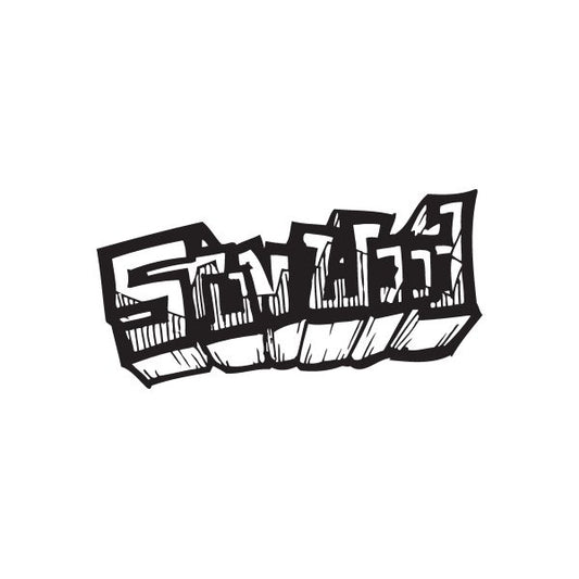 Graffiti decal with black and white street-style lettering
