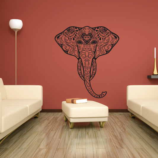 Sugar skull animal decal with ornate elephant face in dark ink line art.