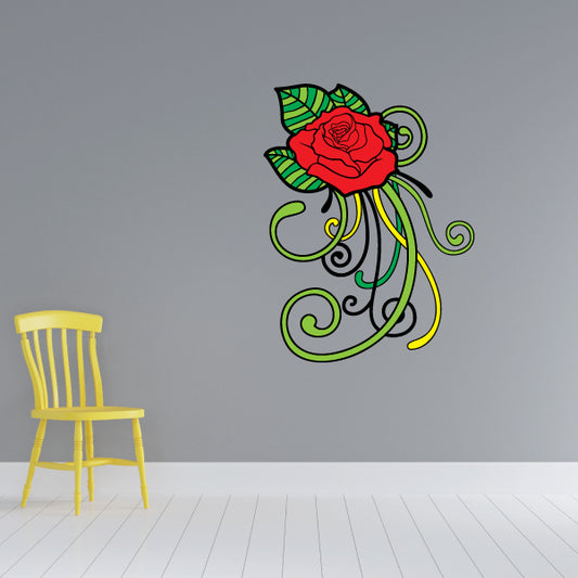 Rose sugar skull element sticker with red flower, green leaves, and curly vines