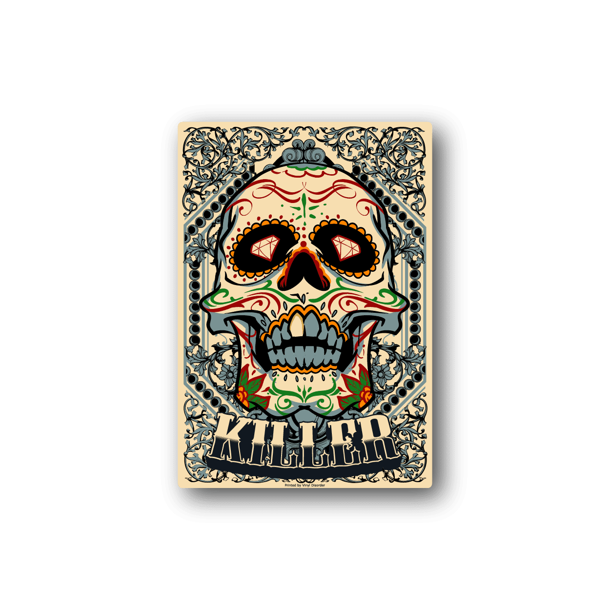 Colorful sugar skull vinyl sticker with ornate border and bold lettering