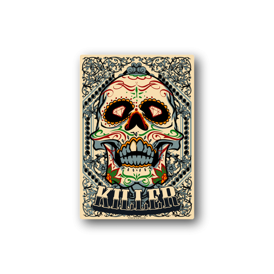 Colorful sugar skull vinyl sticker with ornate border and bold lettering