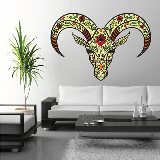 Ornate sugar skull bull head wall sticker in multicolor with floral accents