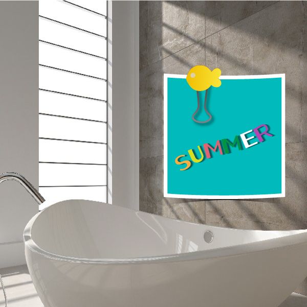 Summer fish wall decal: teal square with yellow fish and pink “SUMMER” text