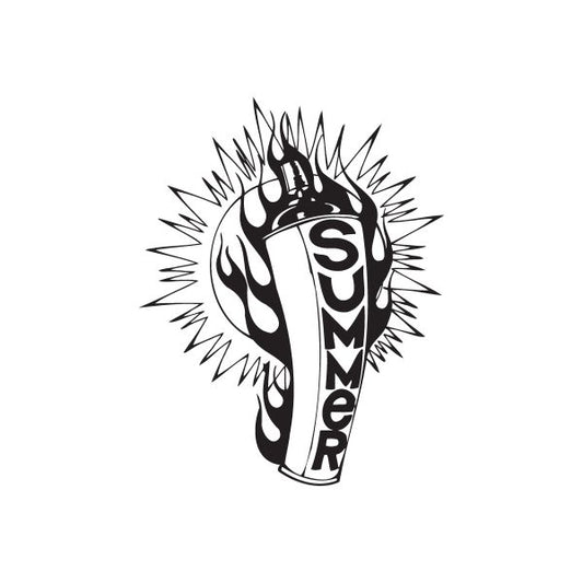Black and white spray paint can decal with flames and vertical “SUMMER” text