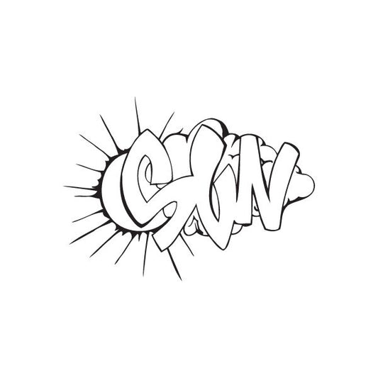 Sun graffiti decal with bold white outlined letters and starburst lines