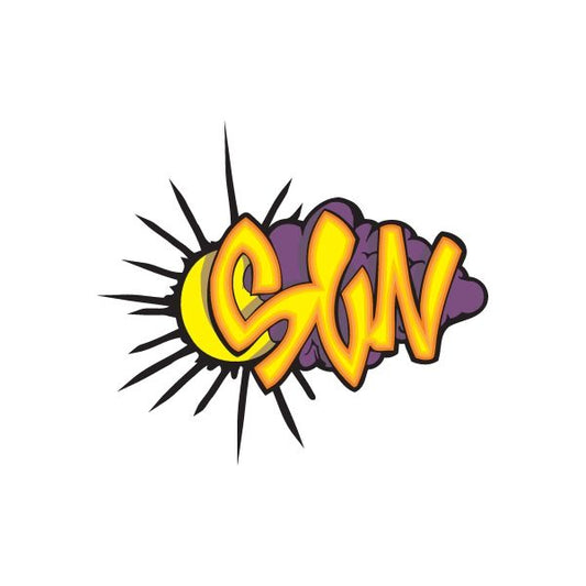 Graffiti-style sun printed decal with bold yellow lettering on dark outline