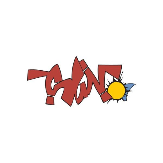 Graffiti-style sticker with red lettering and yellow sunburst icon
