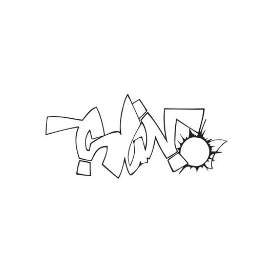 Graffiti sun text decal, black outline with burst and sharp lettering