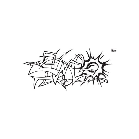 Sun graffiti decal with tribal black line art and stylized sunburst