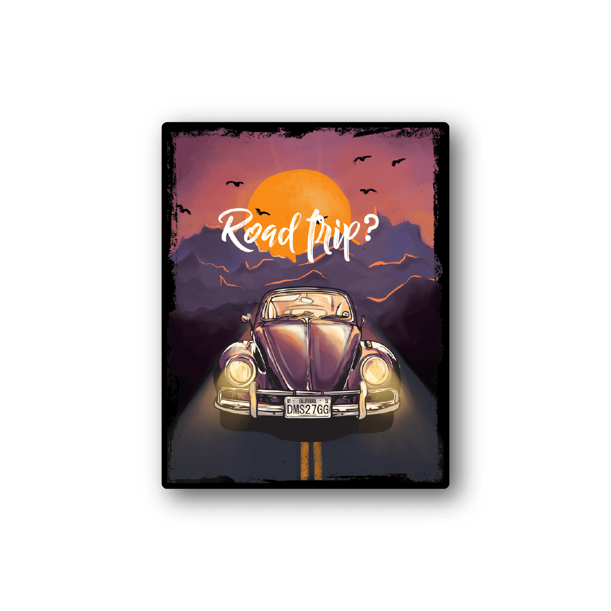 Road trip VW Bug vinyl sticker with sunset road and cursive lettering