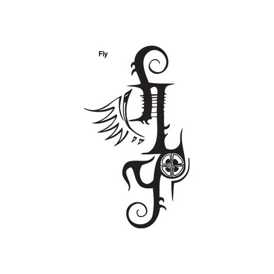 Graffiti-style fly wall decal with black lettering and ornamented design