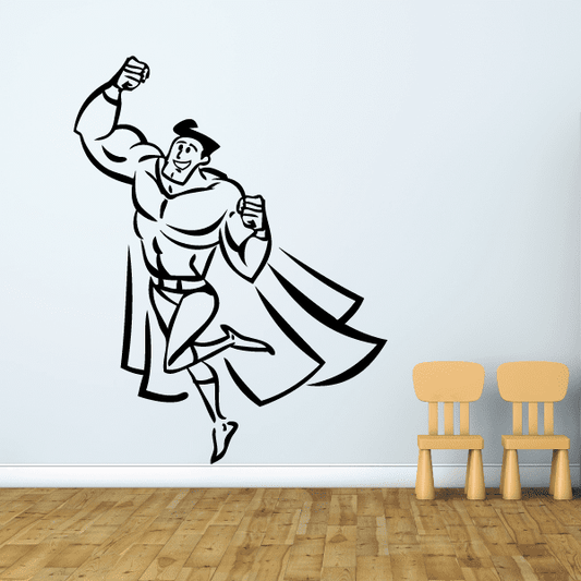 Superhero decal of a standing muscular hero holding a cape and a flying sidekick