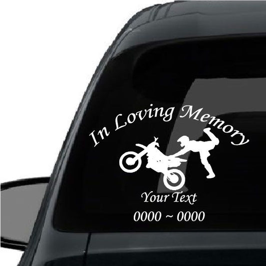 Dirt bike seat grab decal: In Loving Memory text, rider and bike silhouettes