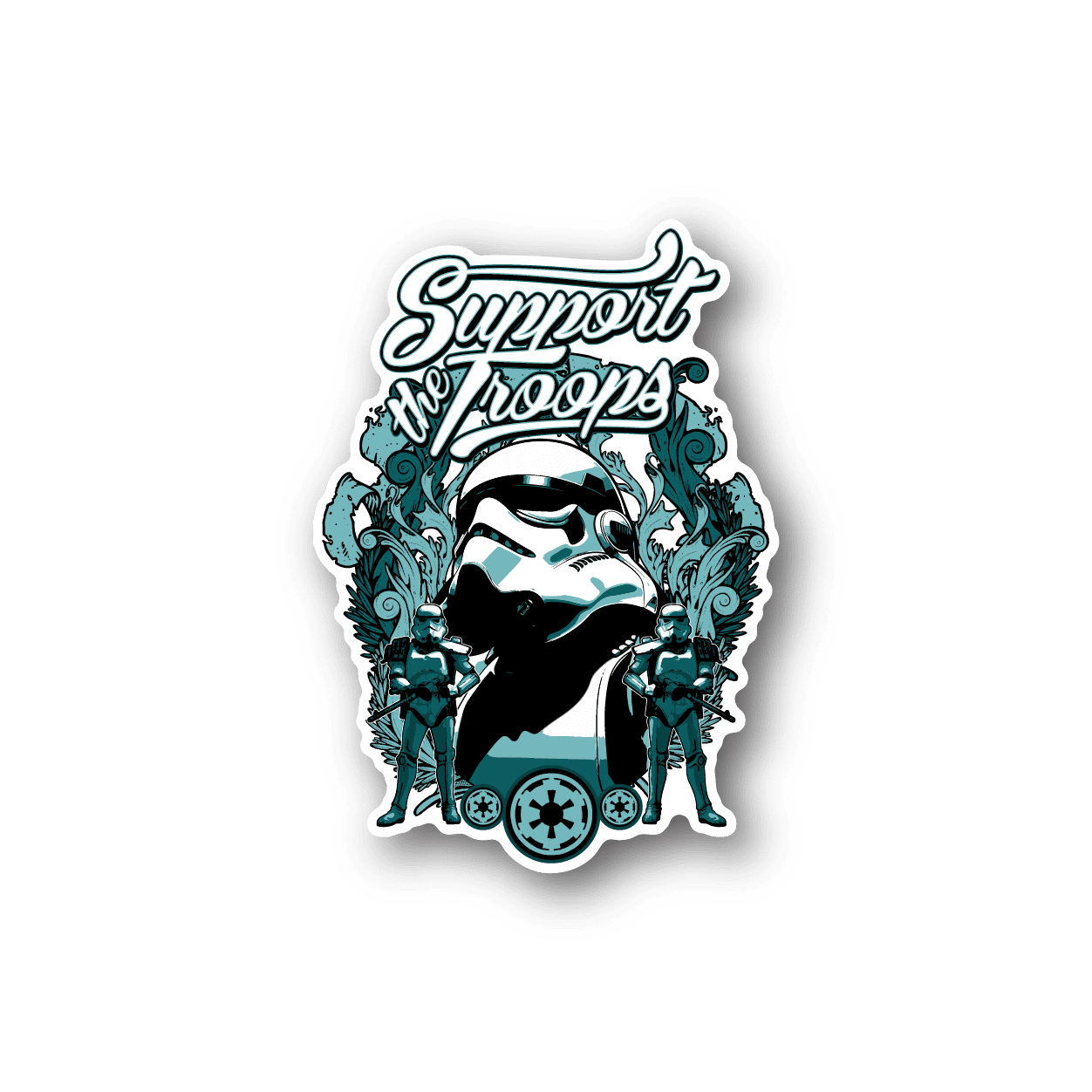 Vinyl sticker with 'Support Troops' text and teal/black soldier graphic