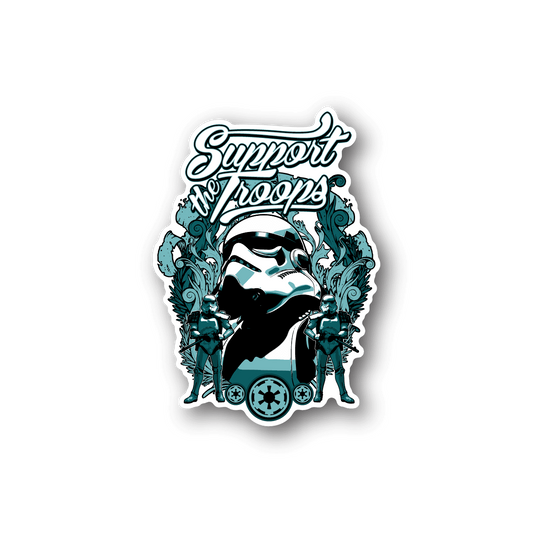 Vinyl sticker with 'Support Troops' text and teal/black soldier graphic
