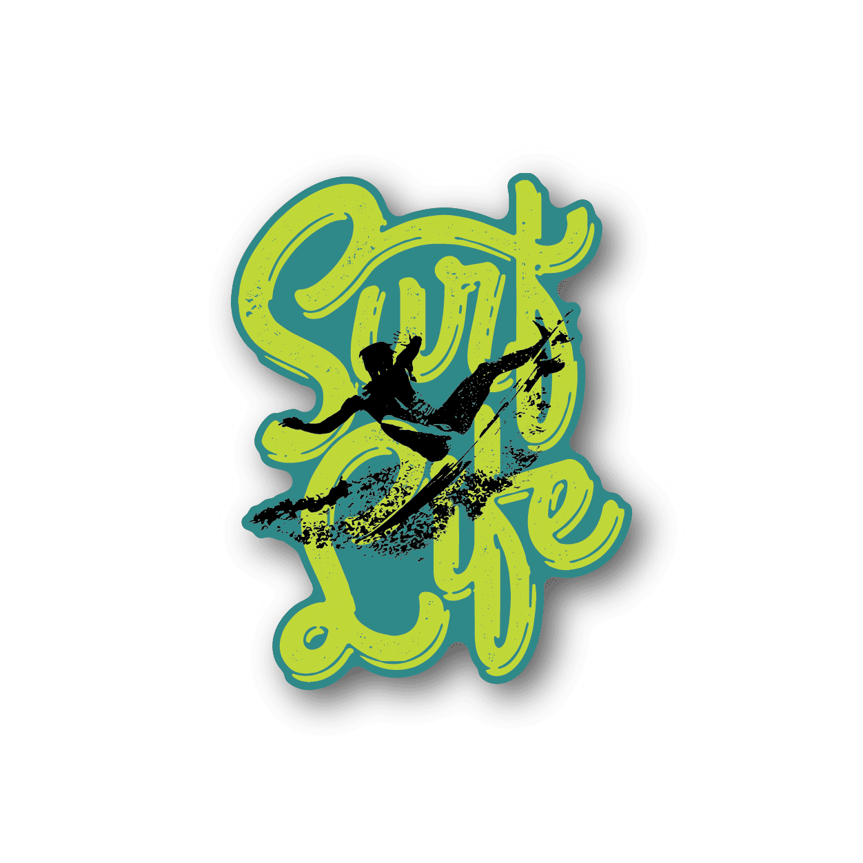 Vinyl surf life sticker with lime green and teal lettering and surfer silhouette