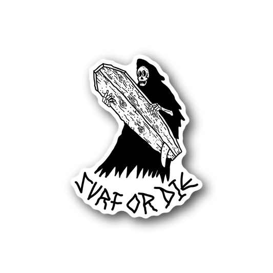 Grim reaper surfing vinyl sticker on surfboard with "WAVE OR DIE" text