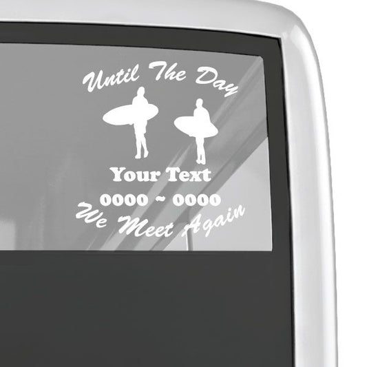 White surfer memorial decal with two surfer silhouettes and cursive text design