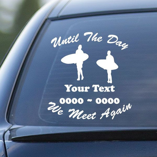 Surfers memorial decal for car window with two silhouette surfers and custom text