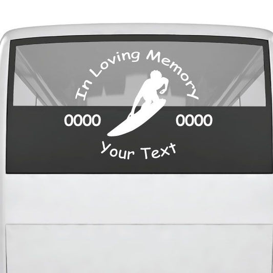 Memorial surfing decal with surfer silhouette and “In Loving Memory” text
