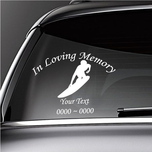Custom car decal: 'In Loving Memory' with surfing silhouette