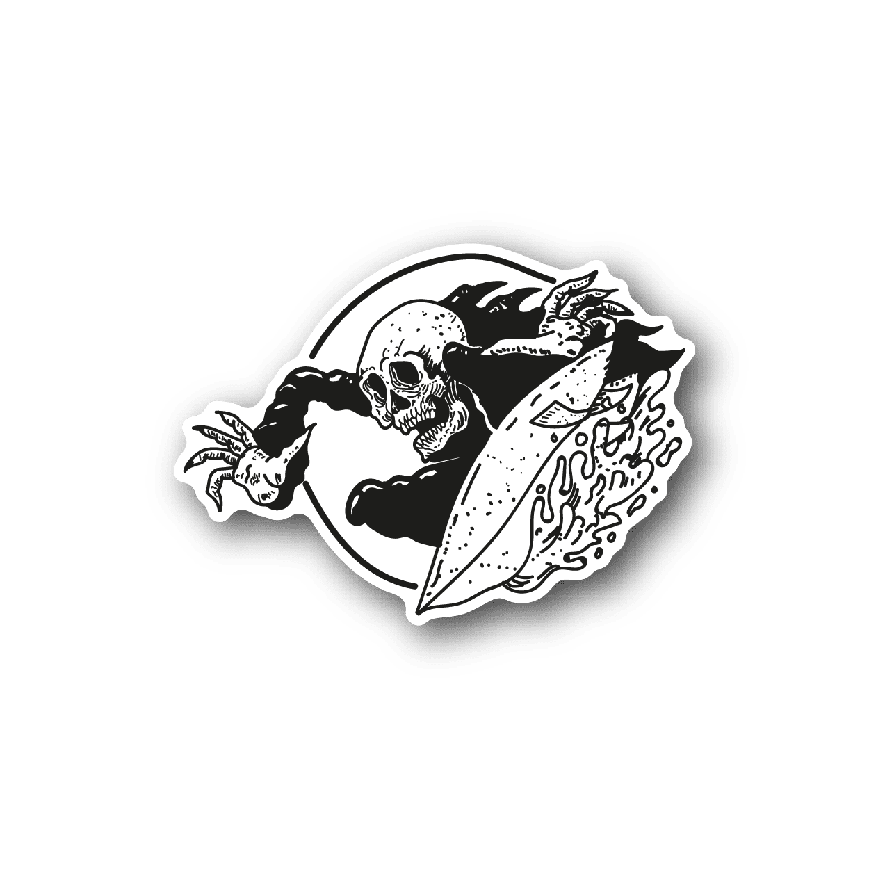 Surfing skeleton vinyl sticker, black-and-white skeleton riding a surfboard.