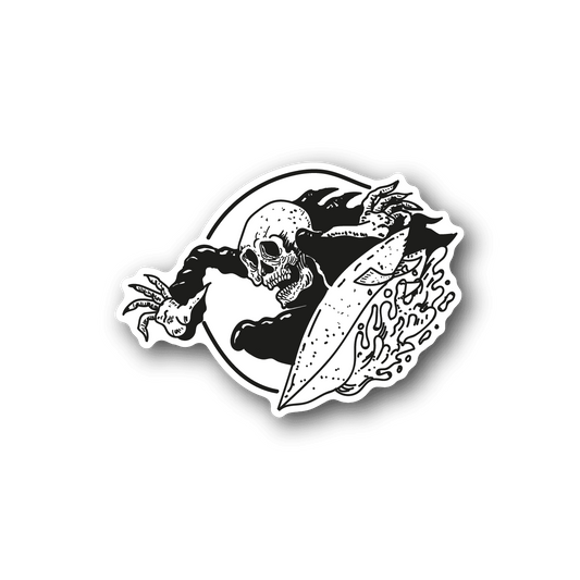 Surfing skeleton vinyl sticker, black-and-white skeleton riding a surfboard.