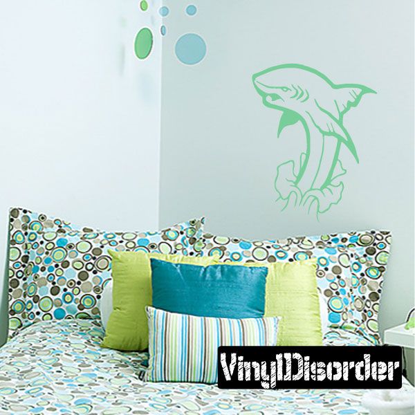 Shark splash decal in green outline with water bubbles, removable wall sticker