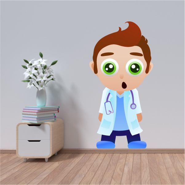 Cartoon doctor sticker with surprised face, green eyes, stethoscope and blue scrubs