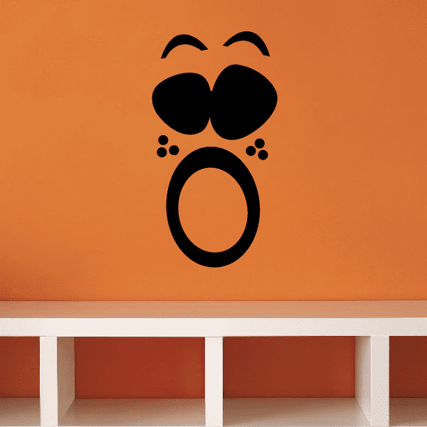 Black surprised face decal with open mouth, arched brows, and dot cheeks