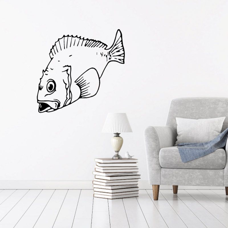 Surprised rock bass wall decal, black line-art fish silhouette