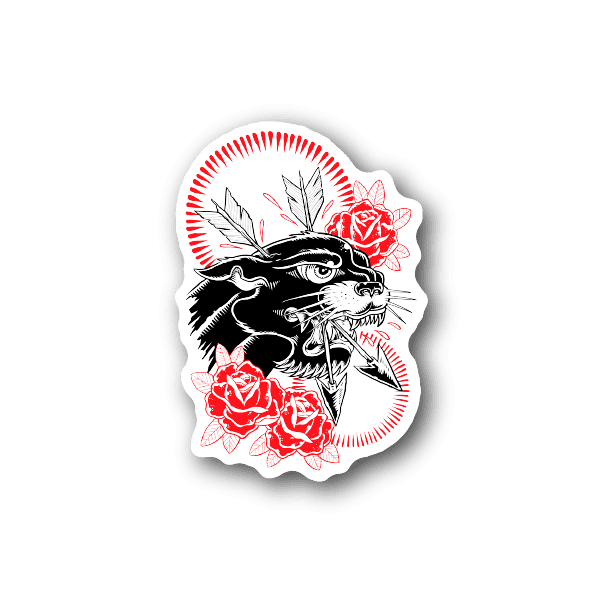 Vinyl sticker of black skull with red roses and barbed wire