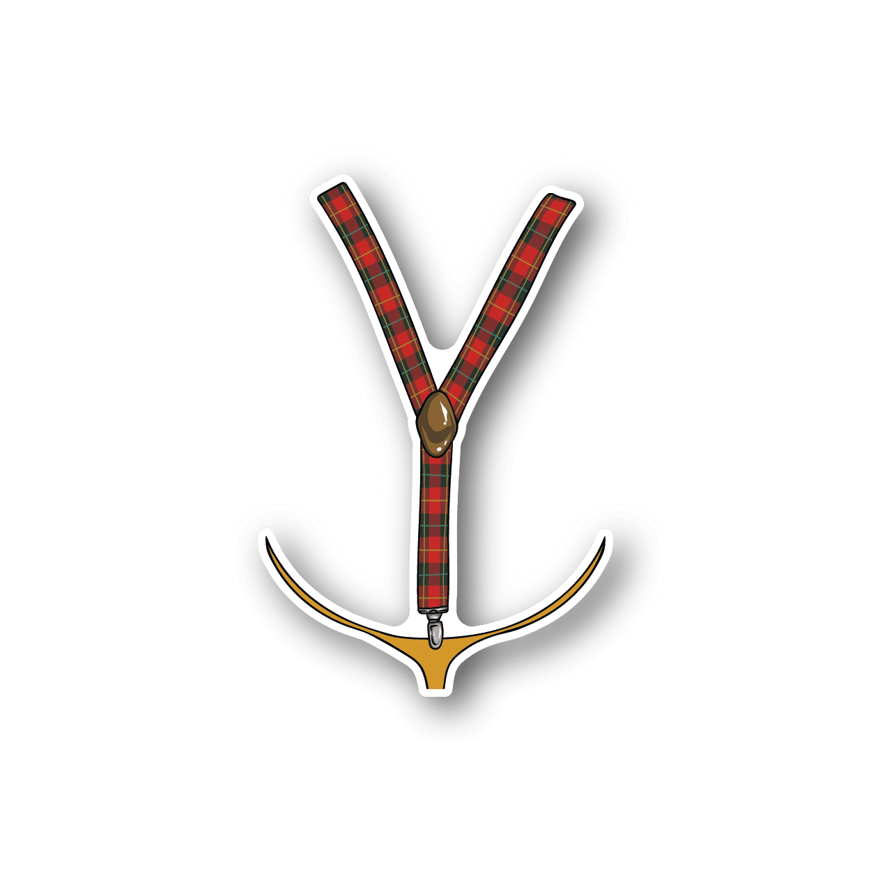 Vinyl sticker shaped like a Y with red tartan straps and a gold clasp