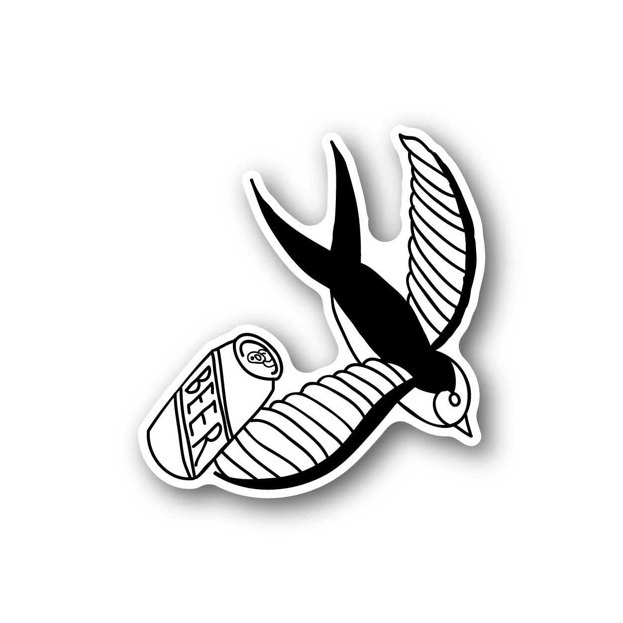 Vinyl sticker of swallow with beer mug, white outline on dark