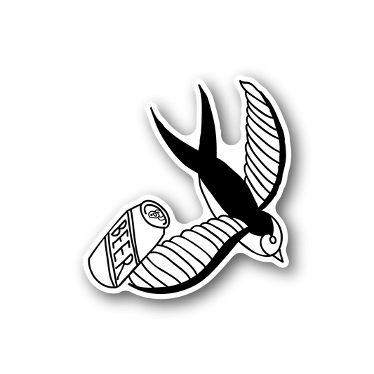 Vinyl sticker of swallow with beer mug, white outline on dark