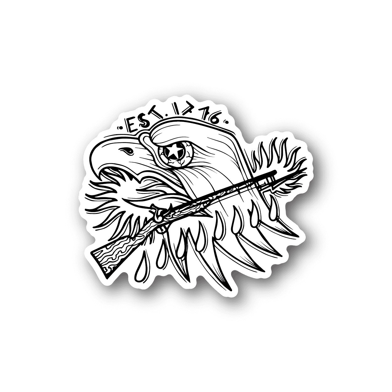 Vinyl sticker with black-and-white gun and eagle-style illustration