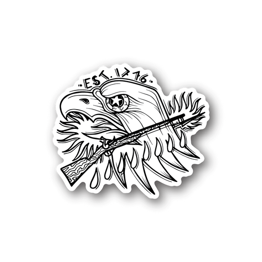Vinyl sticker with black-and-white gun and eagle-style illustration