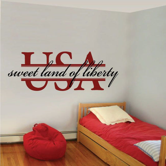 Red typographic wall decal with 'sweet land of liberty' cursive and 'life liberty' text