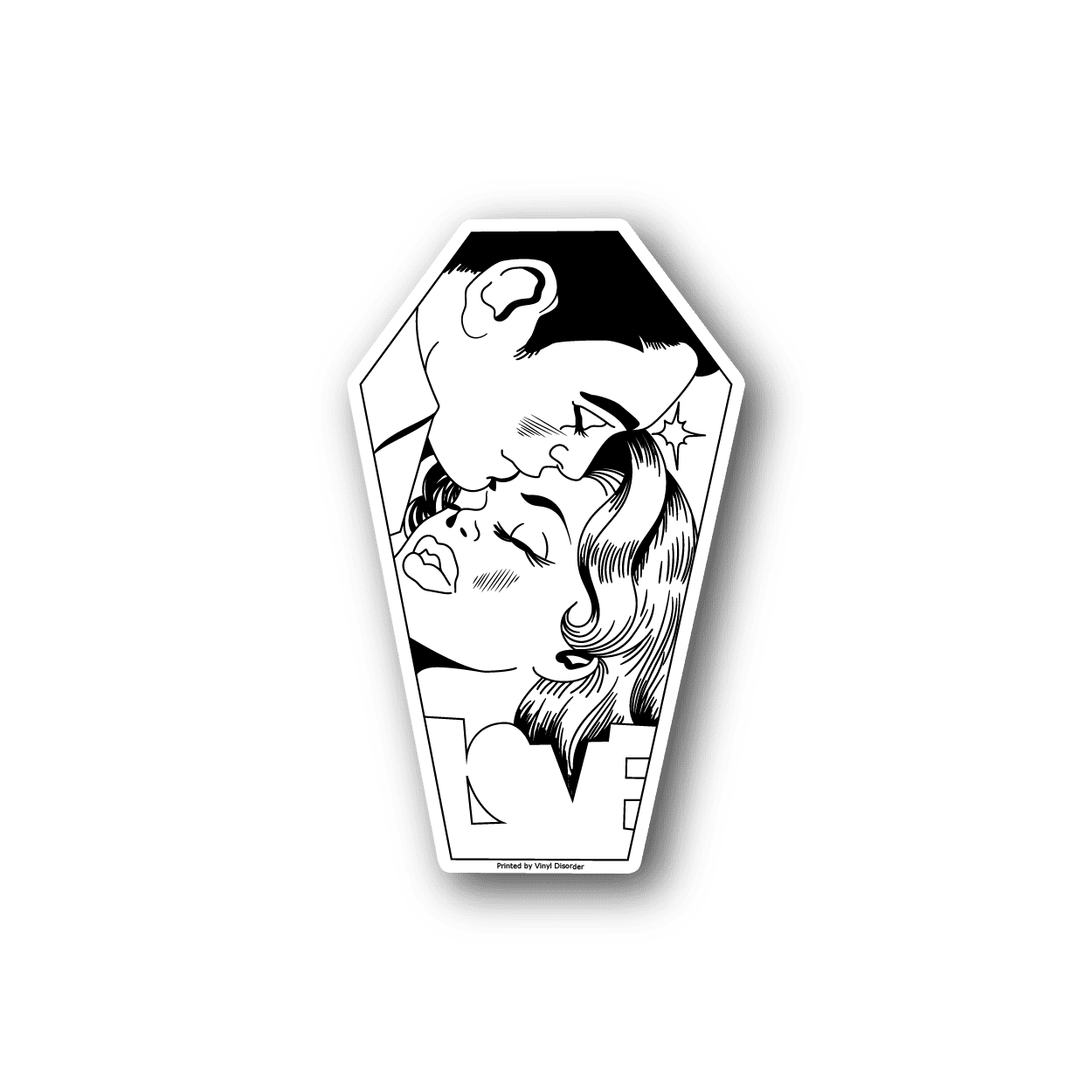 Coffin-shaped vinyl sticker with black-and-white woman and heart illustration