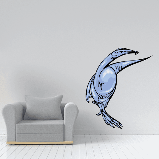 Stylized blue and black Gallimimus dinosaur wall sticker, flying head and body