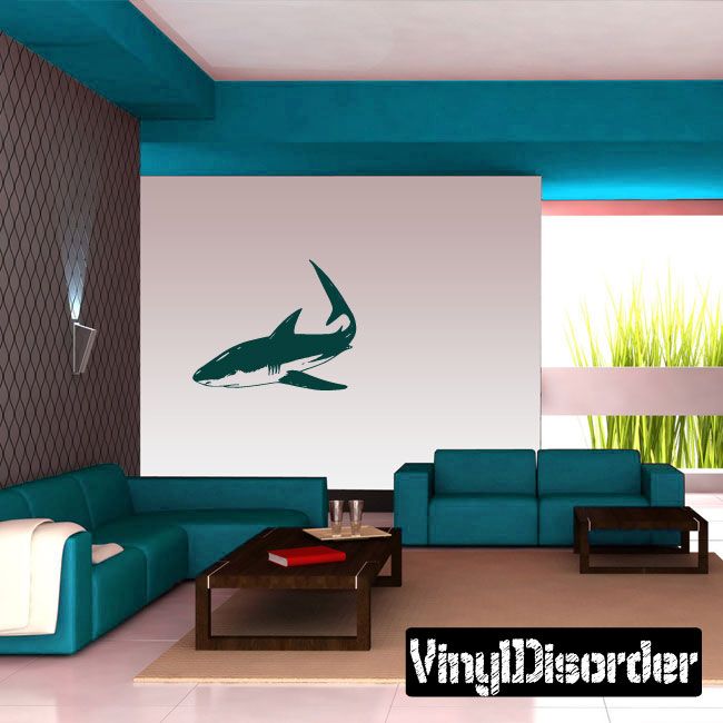 Green mako shark wall decal with curved tail fin, single silhouette