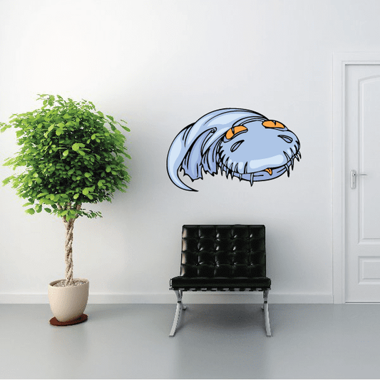 Swimming dinosaur head sticker, blue with orange teeth and accents