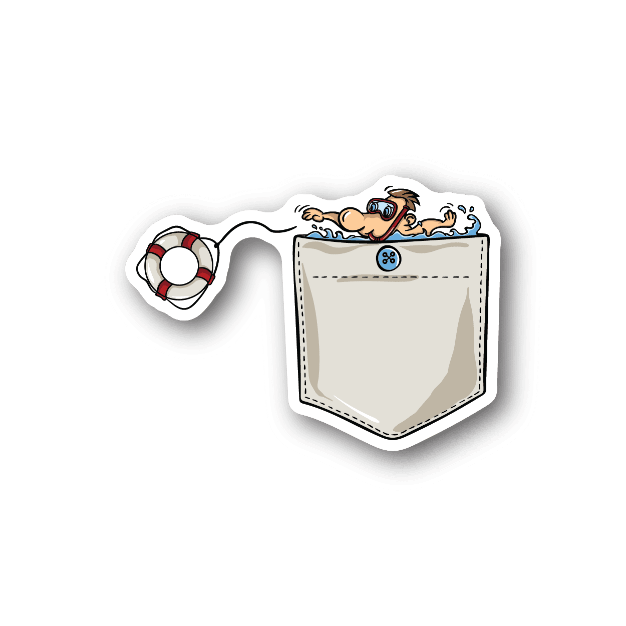 Vinyl pocket sticker with cartoon swimmer in a pocket and life buoy at left