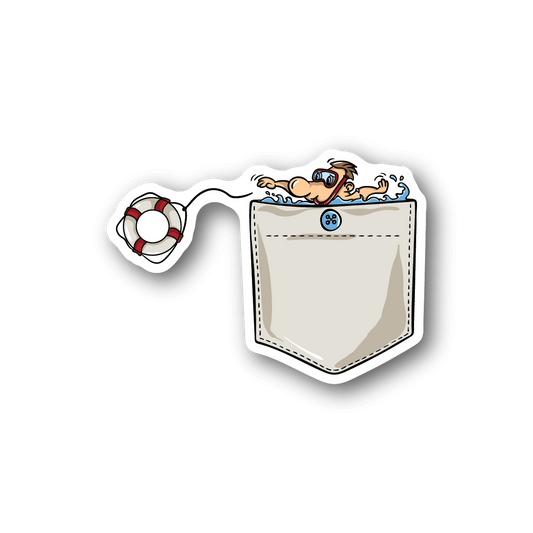 Vinyl pocket sticker with cartoon swimmer in a pocket and life buoy at left