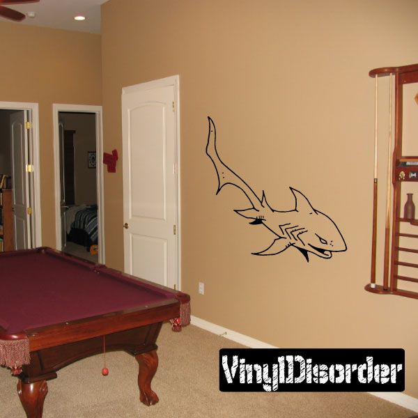 Thresher shark swimming decal in black outline