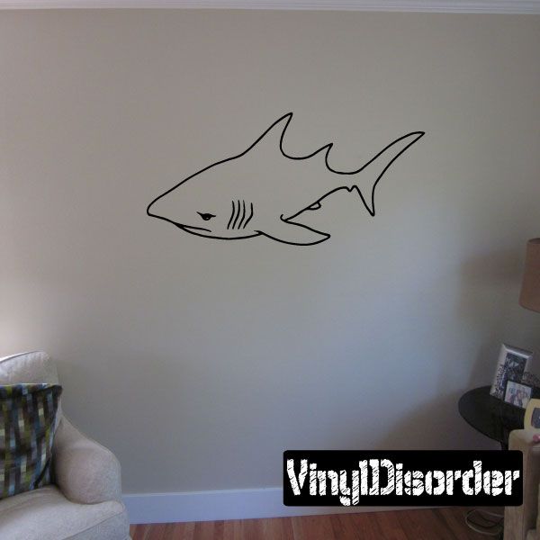 Swimming tiger shark wall decal, black outline fish design